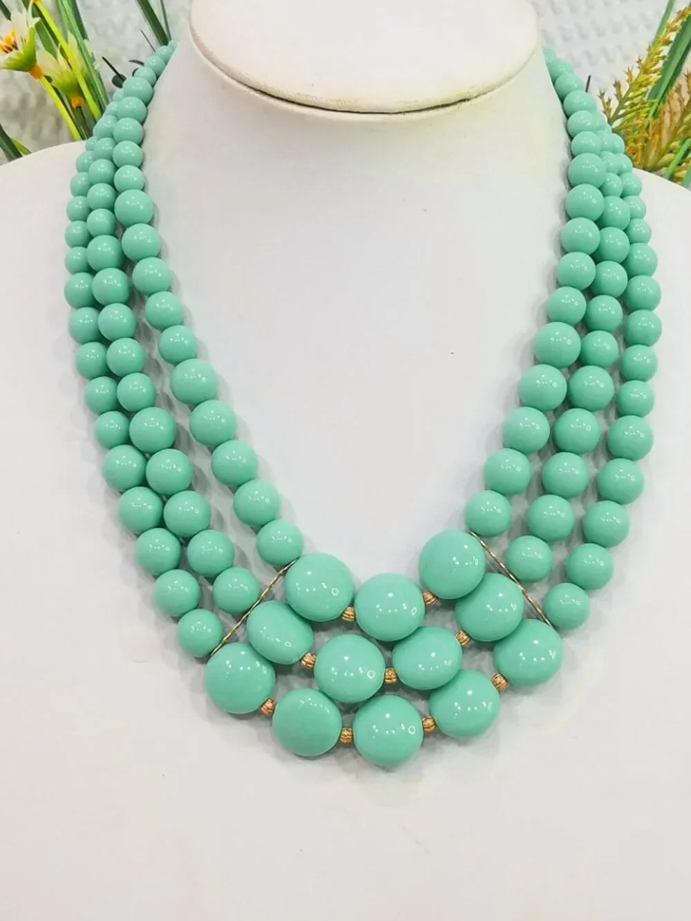 Vintage Acrylic Aqua Green & Gold Tone Graduated in Size Multi Strand Necklace